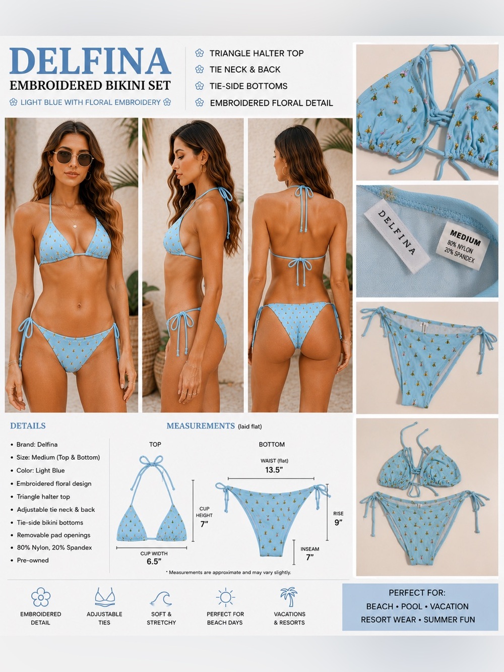 Delfina Embroidered Butterfly Triangle String Bikini Set Blue Women’s Medium